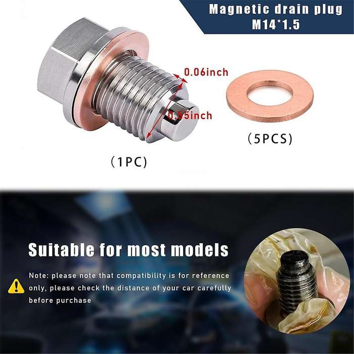 M14 X 1.5 Magnetic Oil Drain Plug, Sump Drain Nut Bolt with 5 Crush Washer Gaskets,Leak-Proof Oil Dr