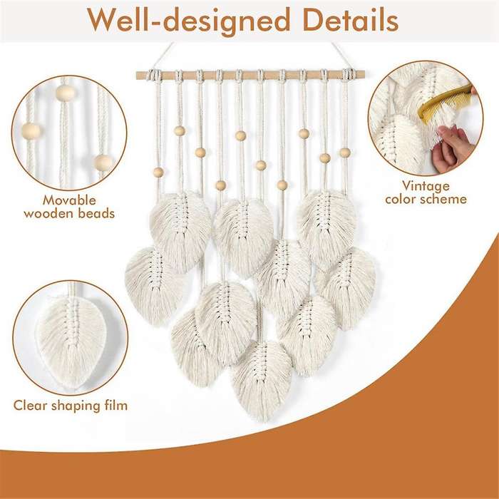 Macrame Wall Hanging Boho Decoration, Macrame Tapestry with Wooden Beads and Leaves Tapestry Wall H