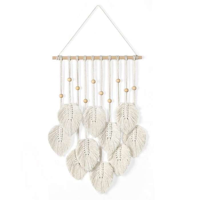 Macrame Wall Hanging Boho Decoration, Macrame Tapestry with Wooden Beads and Leaves Tapestry Wall H