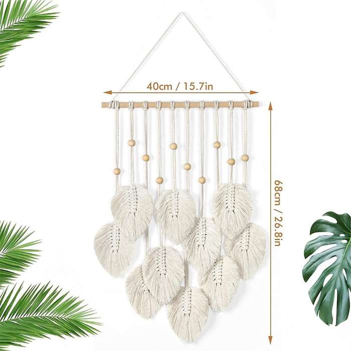 Macrame Wall Hanging Boho Decoration, Macrame Tapestry with Wooden Beads and Leaves Tapestry Wall Ha