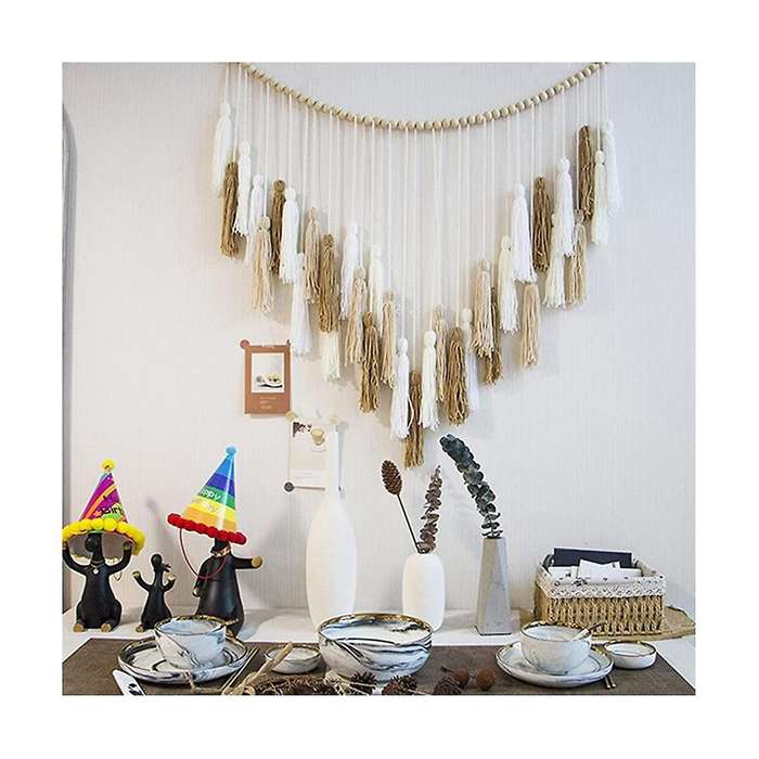 Macrame Wall Hanging Decor 39x43in Boho Woven Tapestry White Beige Khaki Macromay Wall Decor With