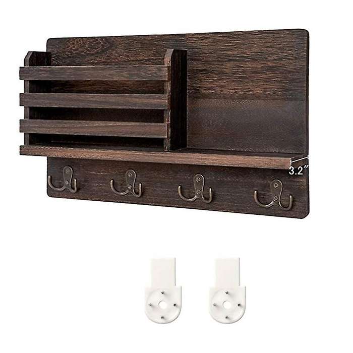 Mail Holder Wooden Mail Sorter Organizer with 4 Double Key Hooks and A Floating Shelf Rustic Home
