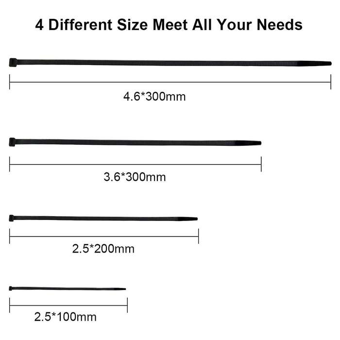 400 Pcs Black Nylon Zip Ties 2.5x100mm 2.5x200mm,3.6x300mm,4.6x300mm