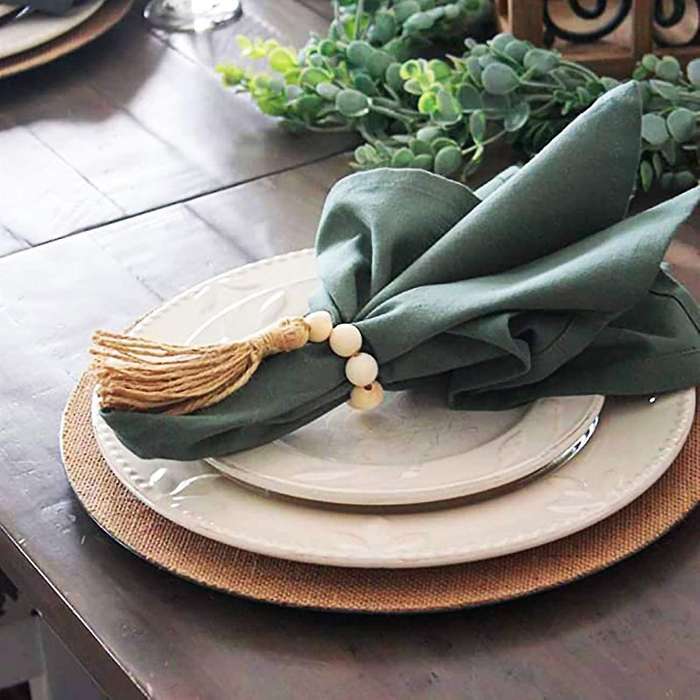 12pc Farmhouse Beaded Wood Napkin Rings Housewarming Gift