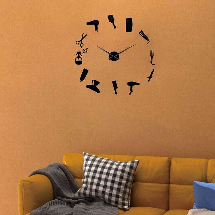 Diy Barber Shop Giant Wall Clock with Mirror Effect Wall Art(black)