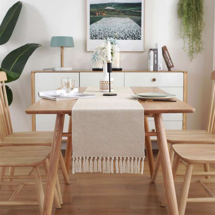 Farmhouse Braided Coffee Table Runner, Beige Woven Table Runner