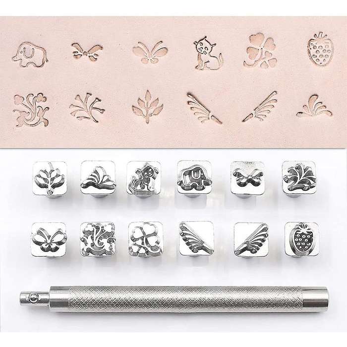 12pcs Leather Stamping Tool Set Animals Plants Pattern Leather Craft