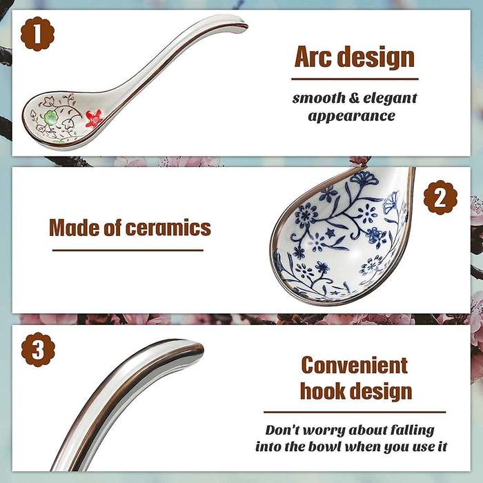 4 Pieces Asian Retro Chinese Ceramic Rice Spoons Curved Handle