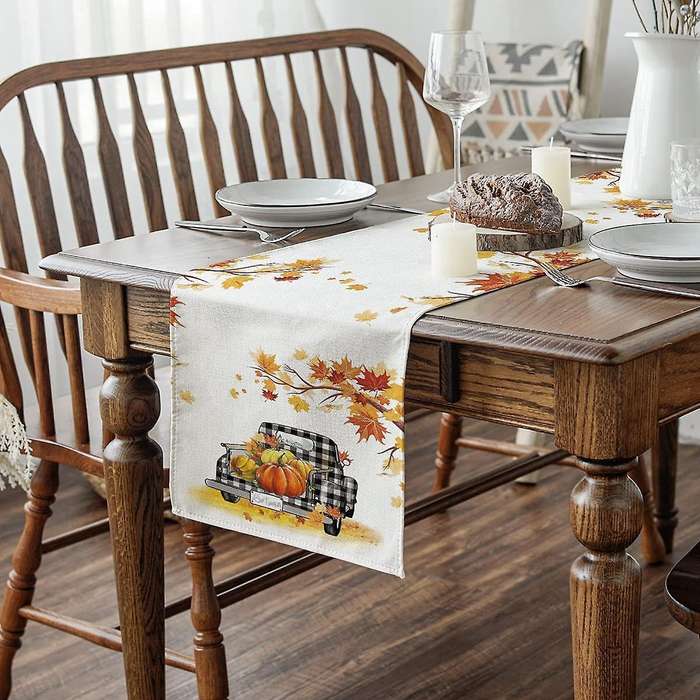 Maple Leave Pumpkins Buffalo Plaid Truck Table Runner