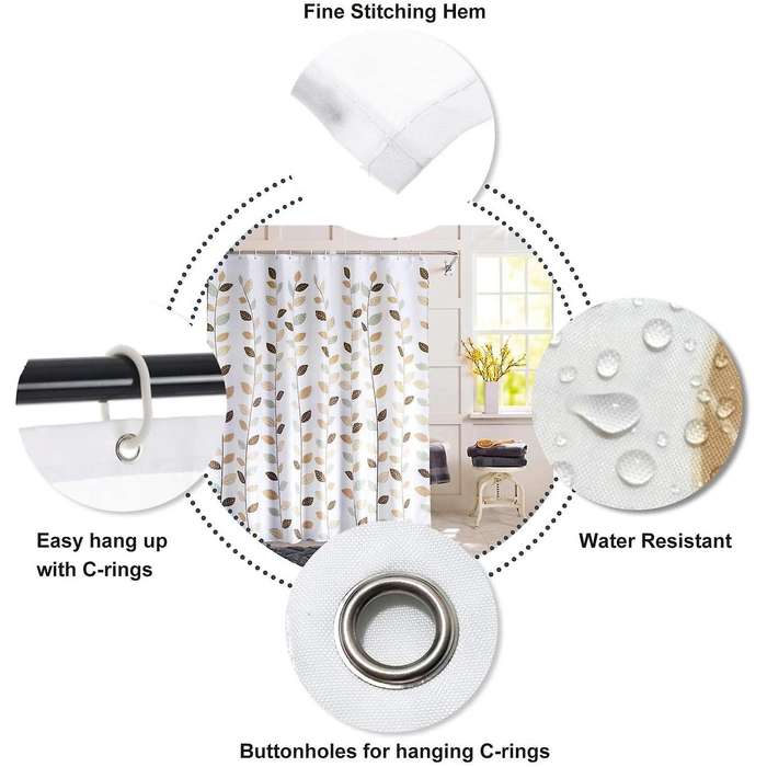 Shower Curtain for Bathroom with 12 Hooks, Polyester Fabric-180x180cm