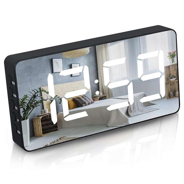 Digital Alarm Clock Large Mirrored Led Clock Snooze Function (black)