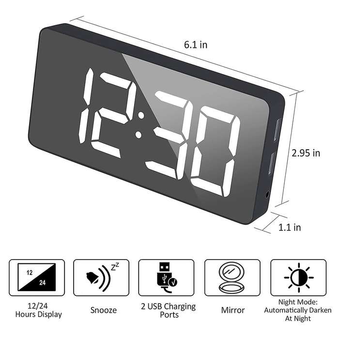 Digital Alarm Clock Large Mirrored Led Clock Snooze Function (black)
