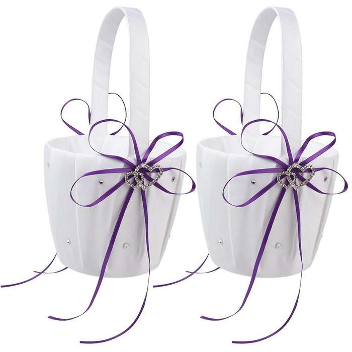 Double Heart Basket White Satin Rhinestone Decor Purple Wedding Party