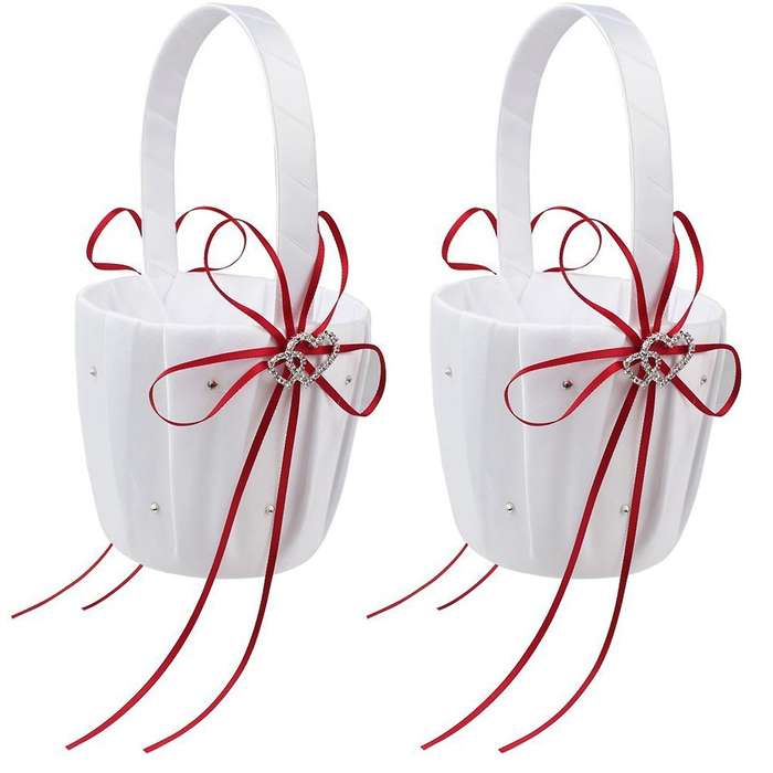 2x Double Heart Basket White Satin Rhinestone Decor Red Wedding Party