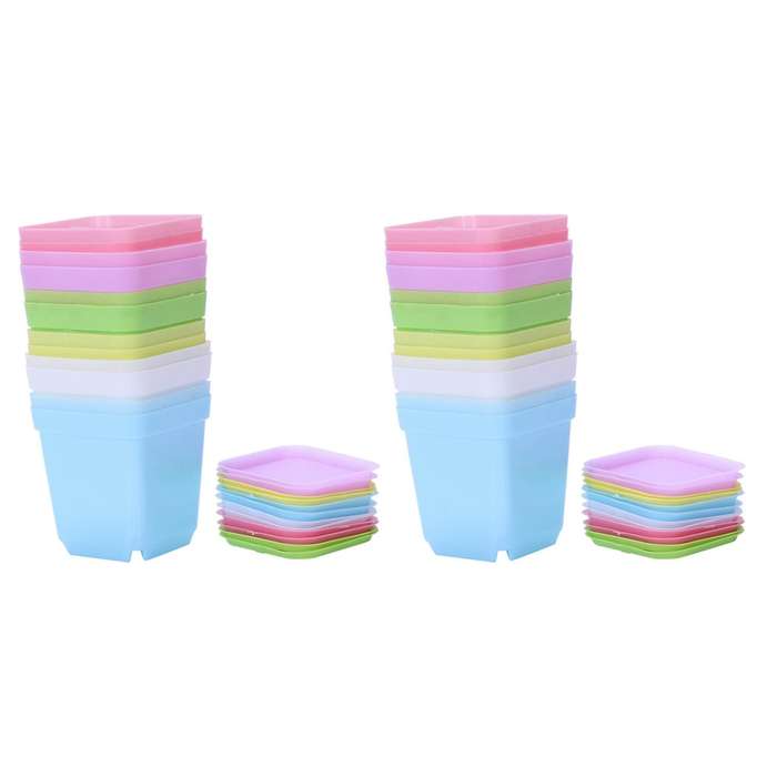 Colorful Plastic Plant Pots with Saucers, Set Of 24