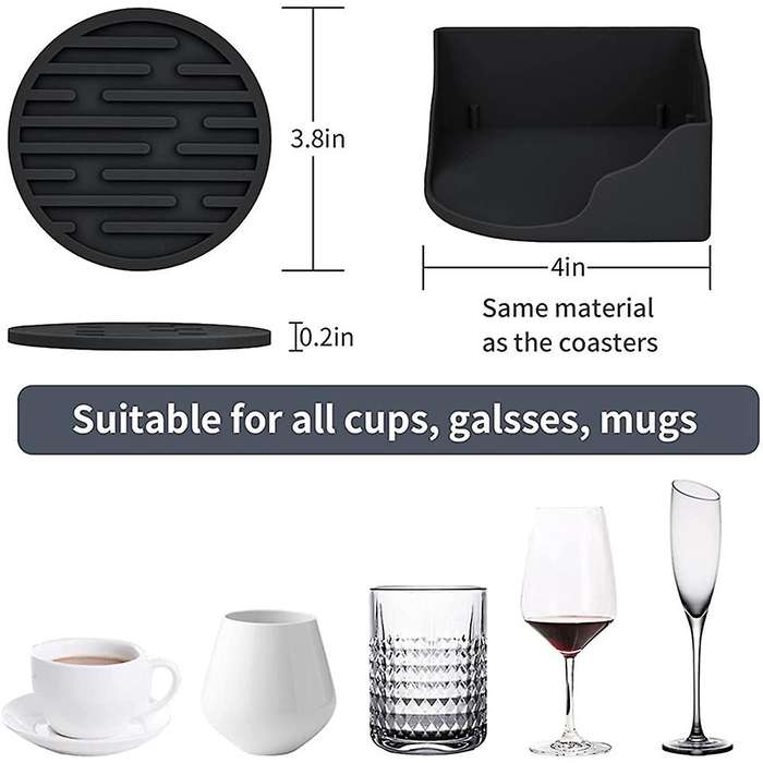 6 Pack Black Silicone Coasters, Coffee Table Wine Bottle Coasters