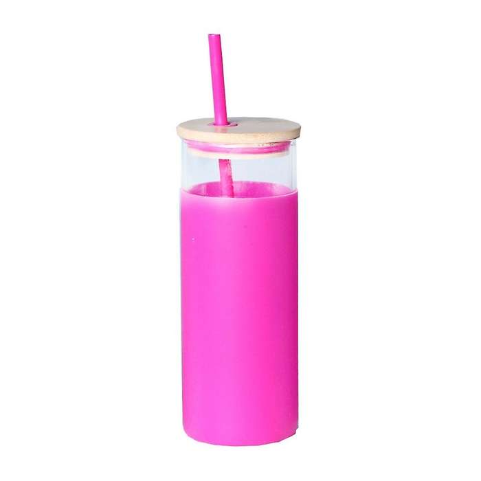 Straw Cup with Bamboo Cover High Borosilicate Glass Cup Rose Red