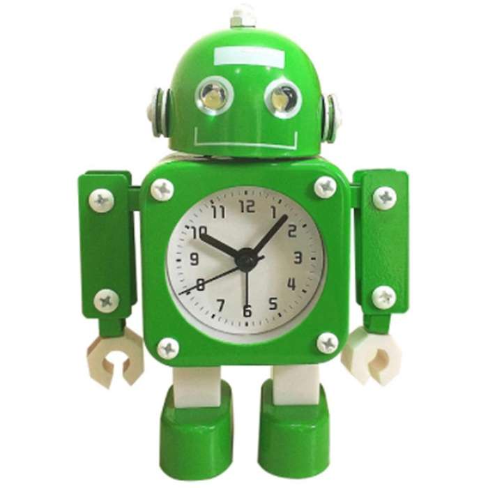 Metal Child Boy Learning Cartoon Robot Mute Small Alarm Clock Green