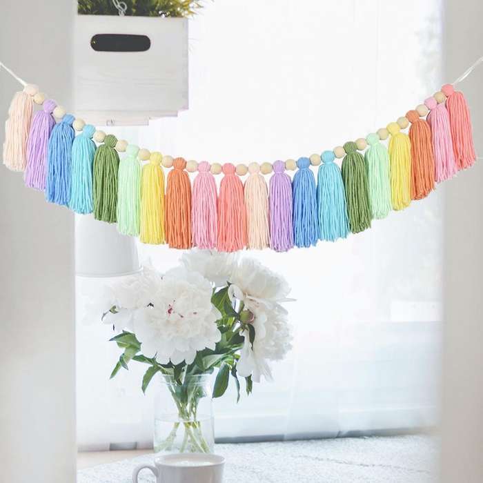 2x 37inch Rainbow Tassel Garland with Wood Bead for Bedroom Decor