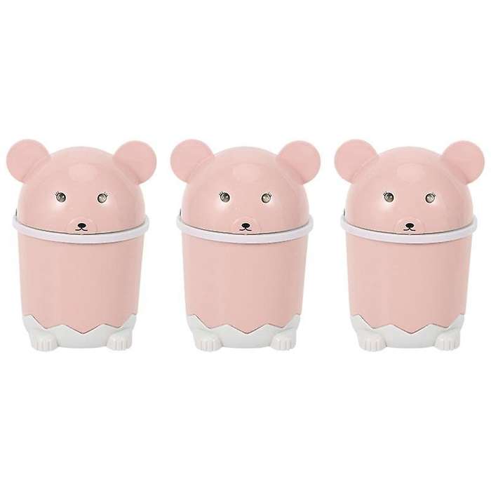 3x Trash Desktop with Lid Small Paper Basket Plastic Trash Can Pink