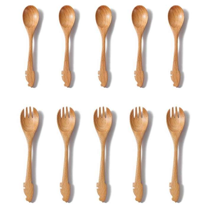 Creative Log Cartoon Cat Spoon Fork Japanese Handmade Beech Spoon