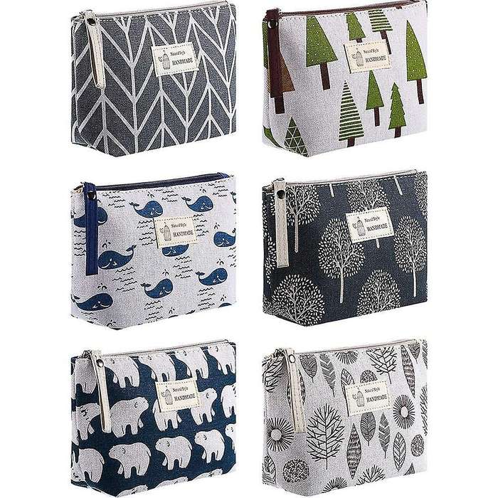 6pcs Canvas Makeup Bags Printed Cosmetic Bags for Women Girls, A
