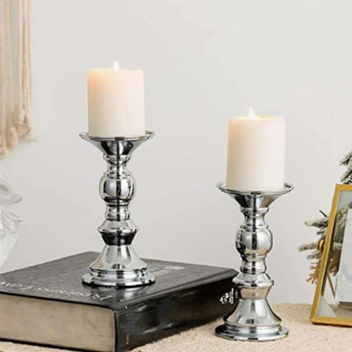 2pcs Candle Pillar Candle Holder, Christmas Halloween(silver)