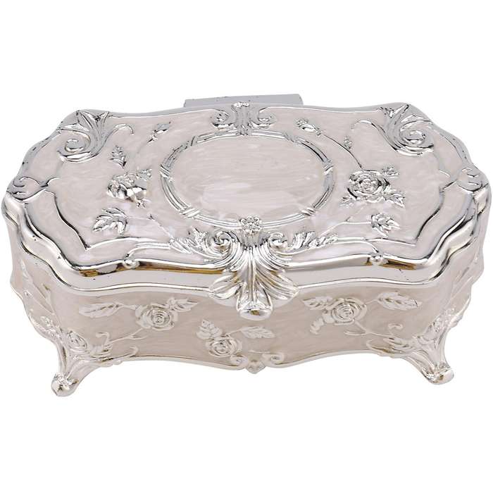 Vintage Jewellery Case White Enamel Zinc-alloy Metal Trinket Box