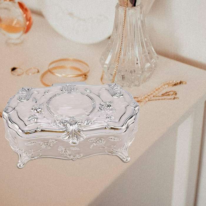 Vintage Jewellery Case White Enamel Zinc-alloy Metal Trinket Box