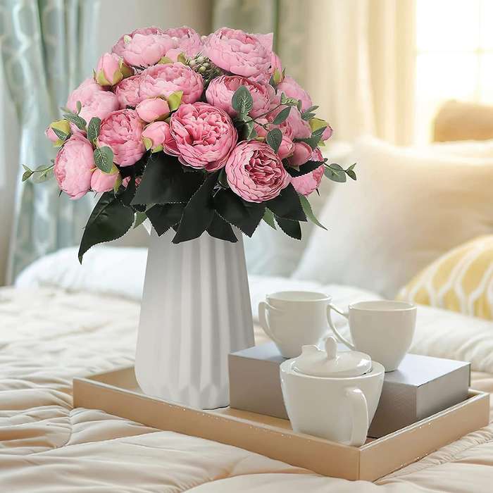 Peonies Artificial Flowers, Small Silk Faux Fake Peony Flower Pink
