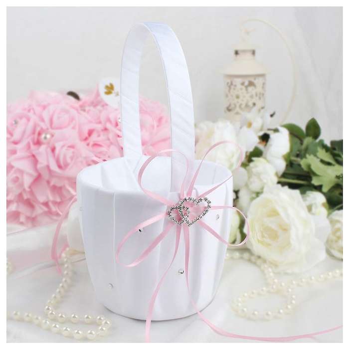 Double Heart Basket White Satin Rhinestone Decor Red Wedding Party