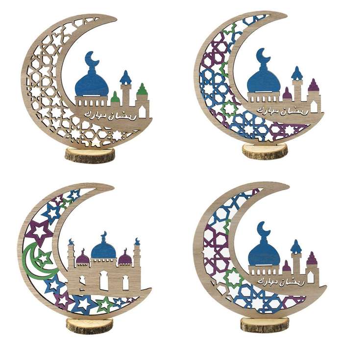4pcs Wooden Handicraft Ornaments Eid Al-fitr Festival Moon Desktop