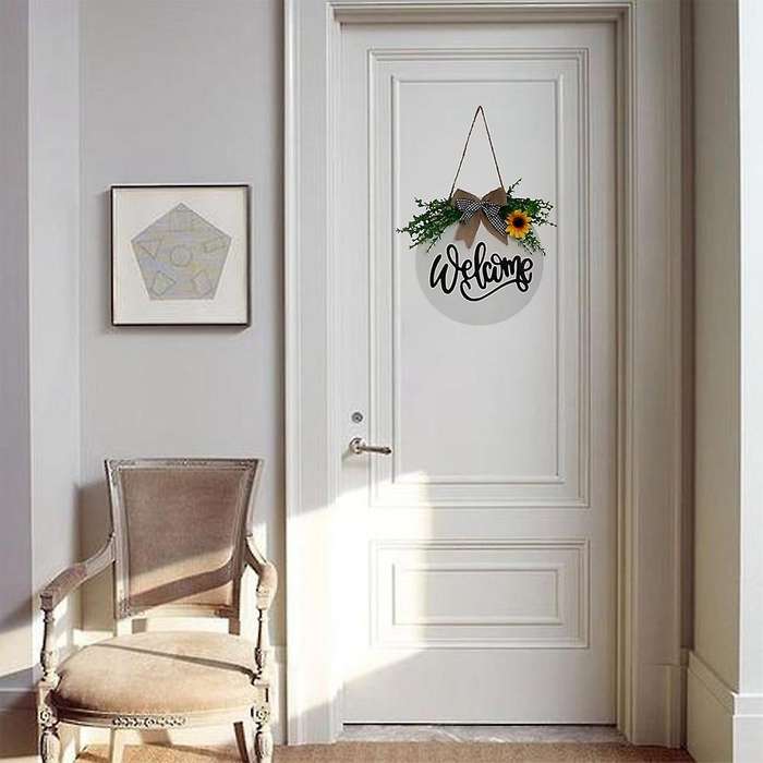 Artificial Sunflower Wreath Door Hanger Welcome Sign for Porch Decor