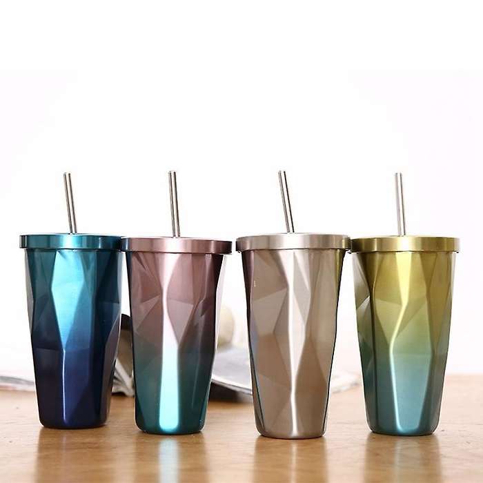 Irregular Double Layer Stainless Steel with Straw Cover Water Cup B