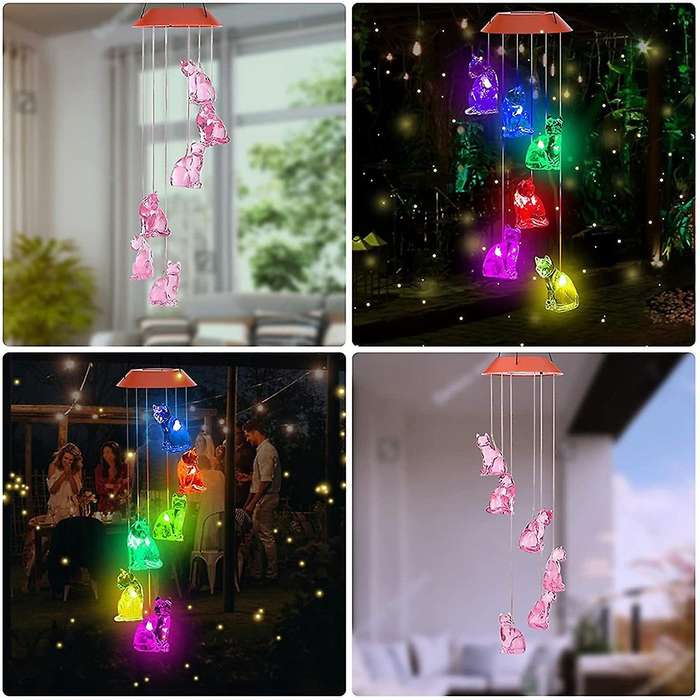 Colors Changing Solar Cat Wind Chimes for Outside, for Party Decor