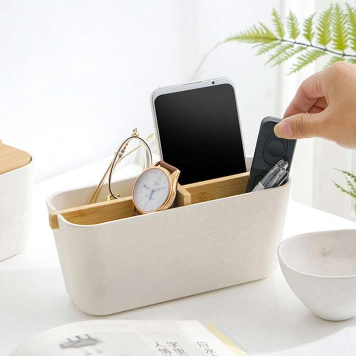 Multifunctional Bamboo Desk Storage Box with Wooden Partition ,black