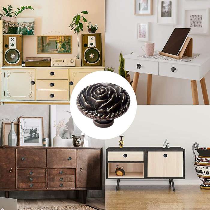 Vintage Rose Cabinet Knobs, Antique Bronze Cupboard Dresser Door Pull
