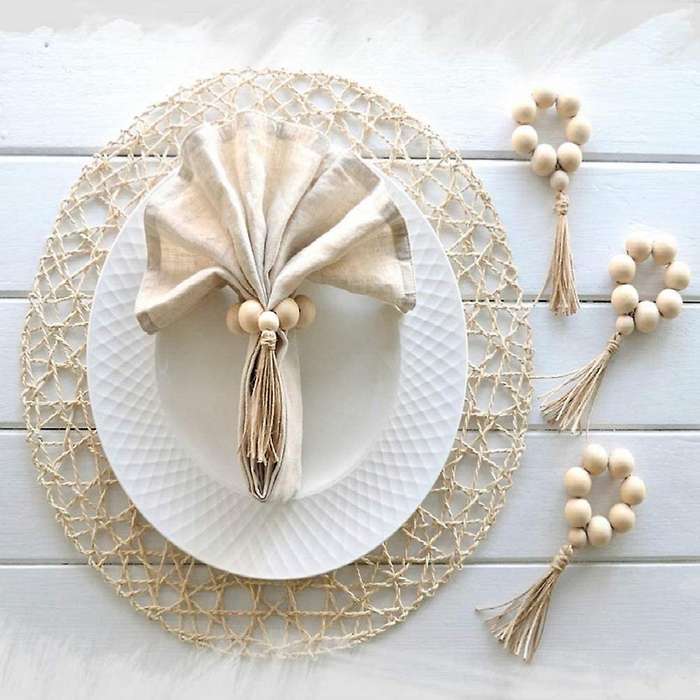 12 Pcs Wood Bead Napkin Rings with Tassels Rustic Farmhouse Garland