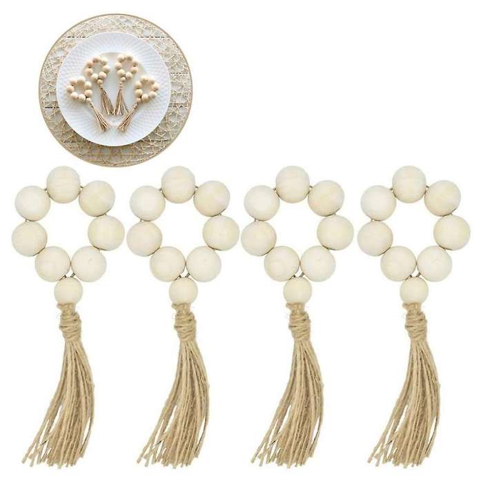 12 Pcs Wood Bead Napkin Rings with Tassels Rustic Farmhouse Garland