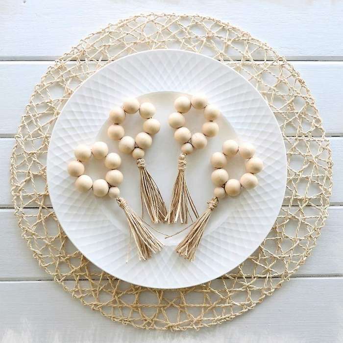 12 Pcs Wood Bead Napkin Rings with Tassels Rustic Farmhouse Garland