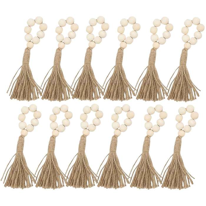12 Pcs Wood Bead Napkin Rings with Tassels Rustic Farmhouse Garland