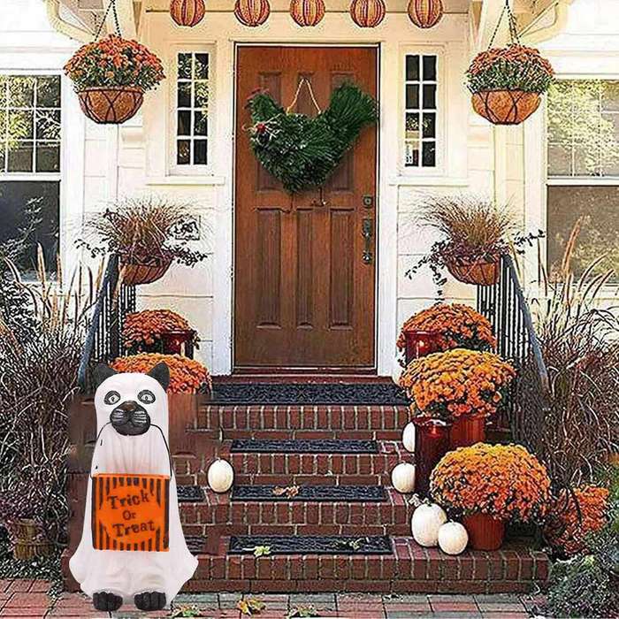 Halloween Trick Or Treat Ghost Cat Statue Fun Decoration-b