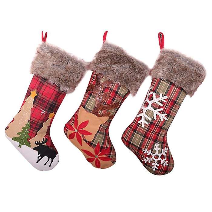 3 Pcs Christmas Stockings Plaid Style for Xmas Holiday Party Decor