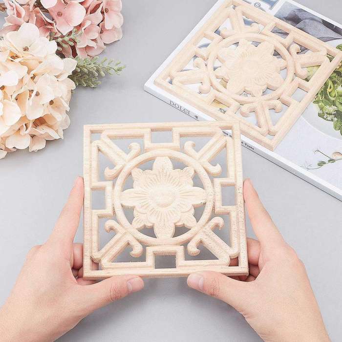 4pcs Square Wood Carved Applique Hollow Flower Unpainted Onlay