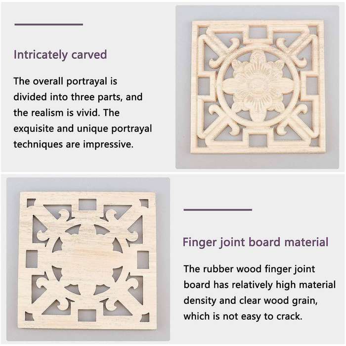 4pcs Square Wood Carved Applique Hollow Flower Unpainted Onlay