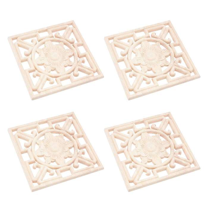 4pcs Square Wood Carved Applique Hollow Flower Unpainted Onlay