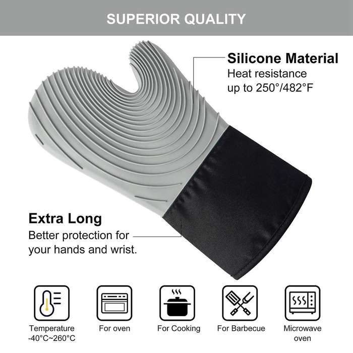 Silicone Oven Heat Resistant Thick Gloves 1 Pair with 1 Brush-grey