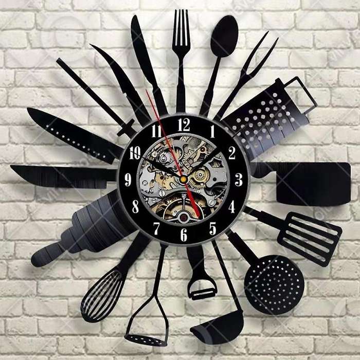Cutlery Vinyl Record Wall Modern Design Spoon Fork Decorative Clock