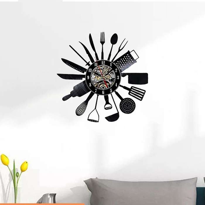 Cutlery Vinyl Record Wall Modern Design Spoon Fork Decorative Clock