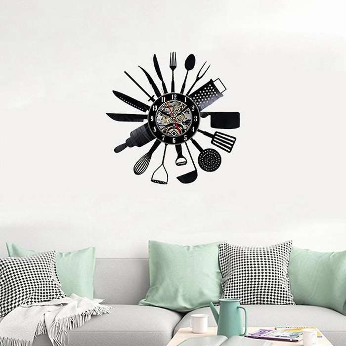 Cutlery Vinyl Record Wall Modern Design Spoon Fork Decorative Clock